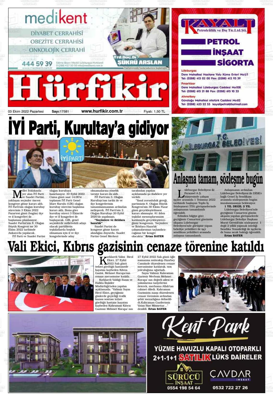 03 Ekim 2022 Hürfikir Gazete Manşeti