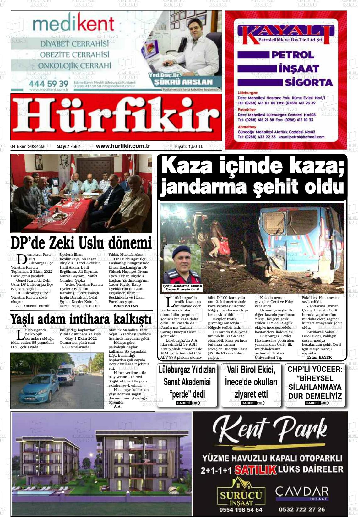 04 Ekim 2022 Hürfikir Gazete Manşeti