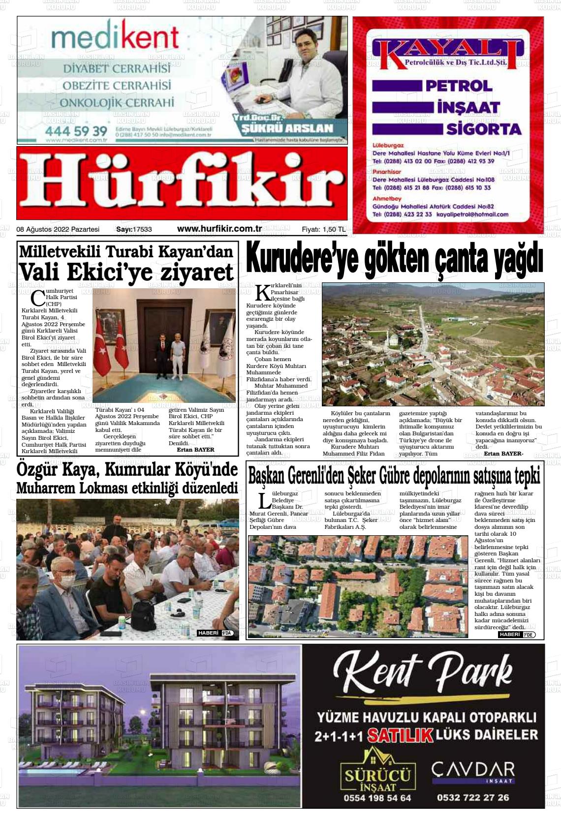 08 Ağustos 2022 Hürfikir Gazete Manşeti