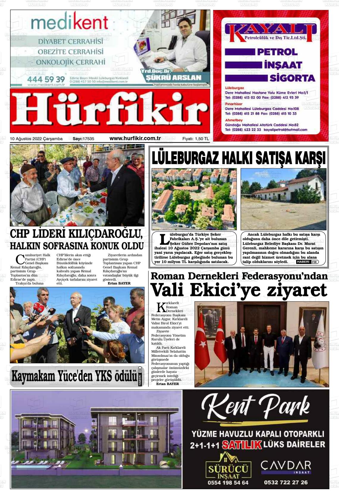 10 Ağustos 2022 Hürfikir Gazete Manşeti