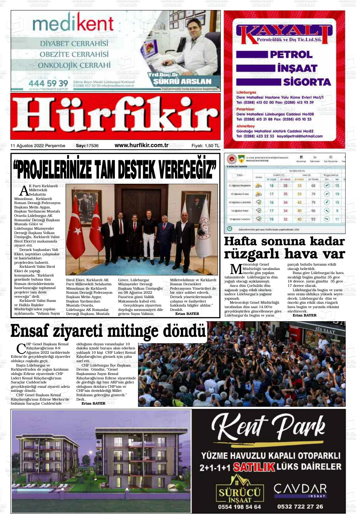 11 Ağustos 2022 Hürfikir Gazete Manşeti