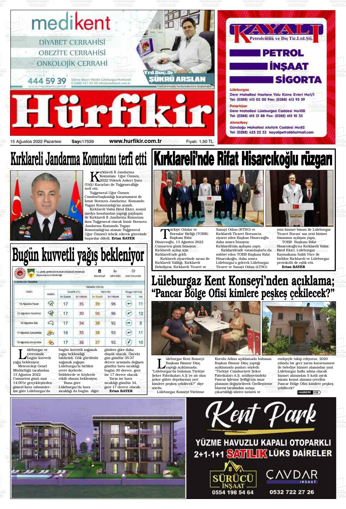 15 Ağustos 2022 Hürfikir Gazete Manşeti