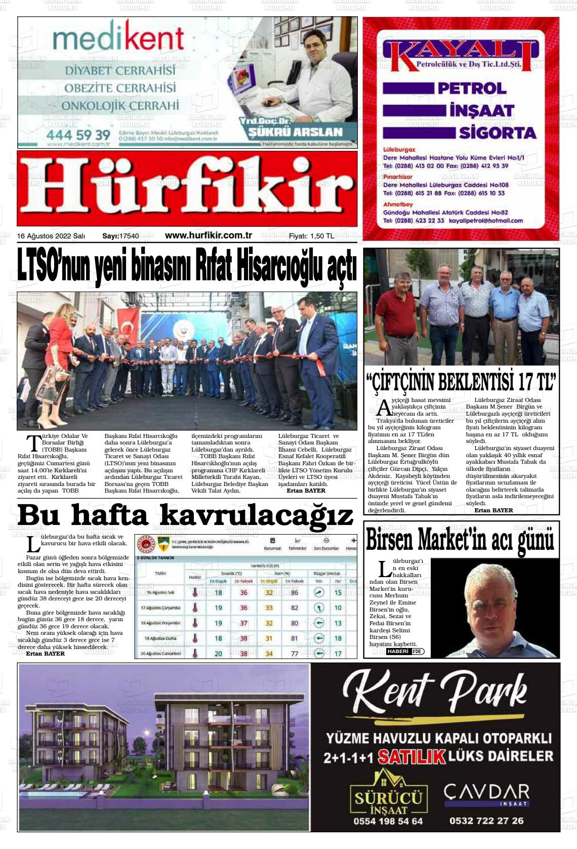 16 Ağustos 2022 Hürfikir Gazete Manşeti