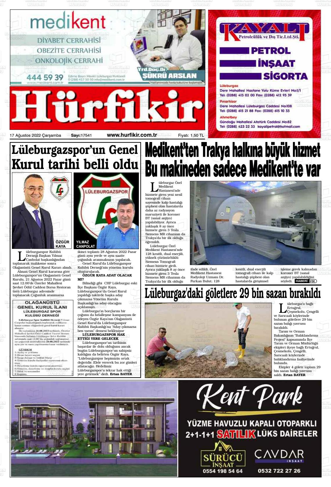 17 Ağustos 2022 Hürfikir Gazete Manşeti