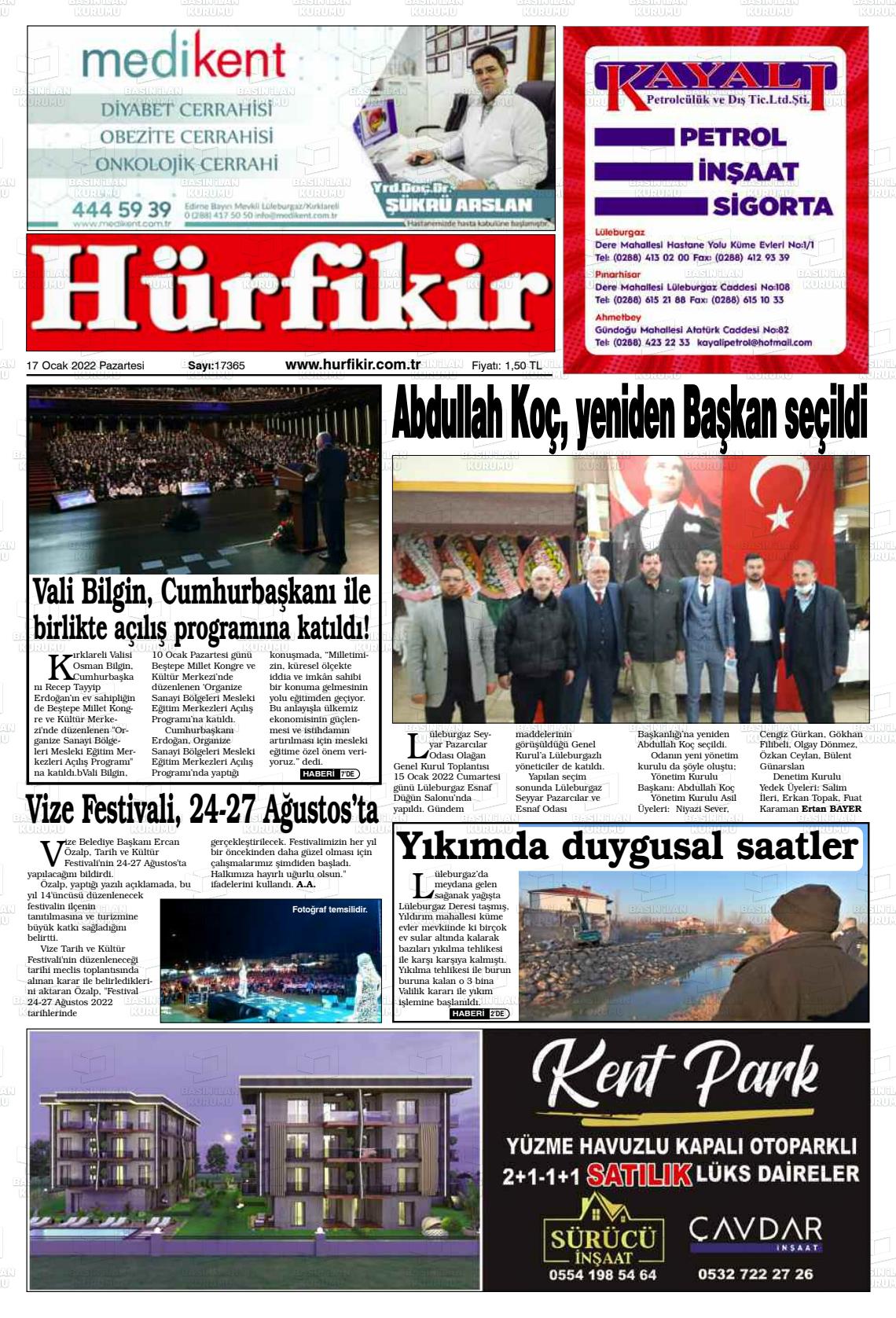 17 Ocak 2022 Hürfikir Gazete Manşeti