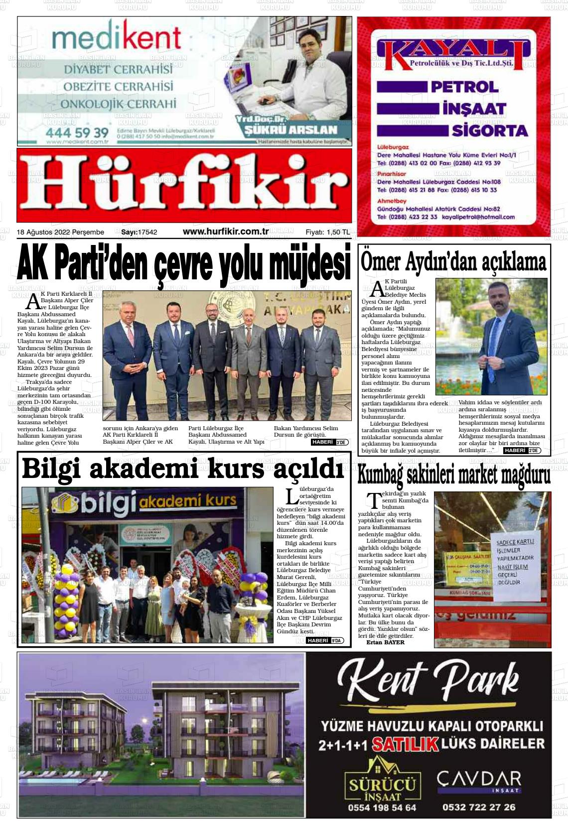 18 Ağustos 2022 Hürfikir Gazete Manşeti