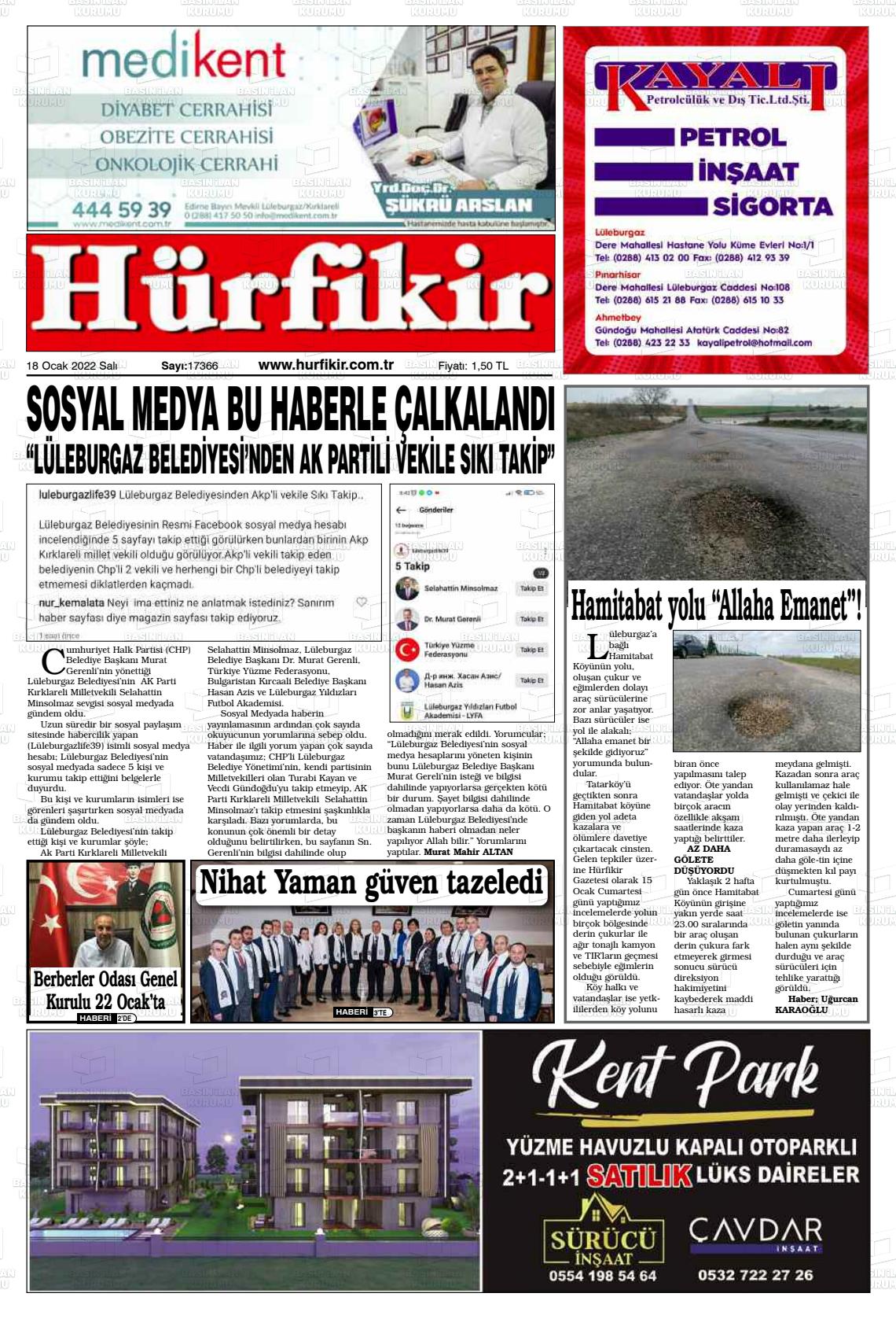 18 Ocak 2022 Hürfikir Gazete Manşeti
