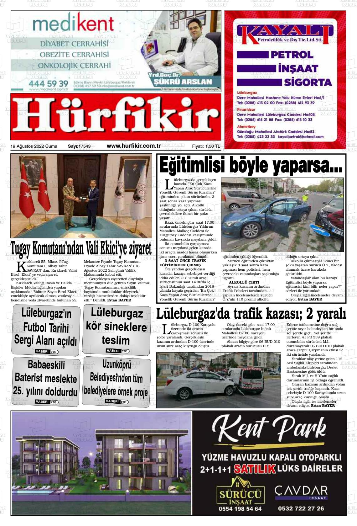 19 Ağustos 2022 Hürfikir Gazete Manşeti