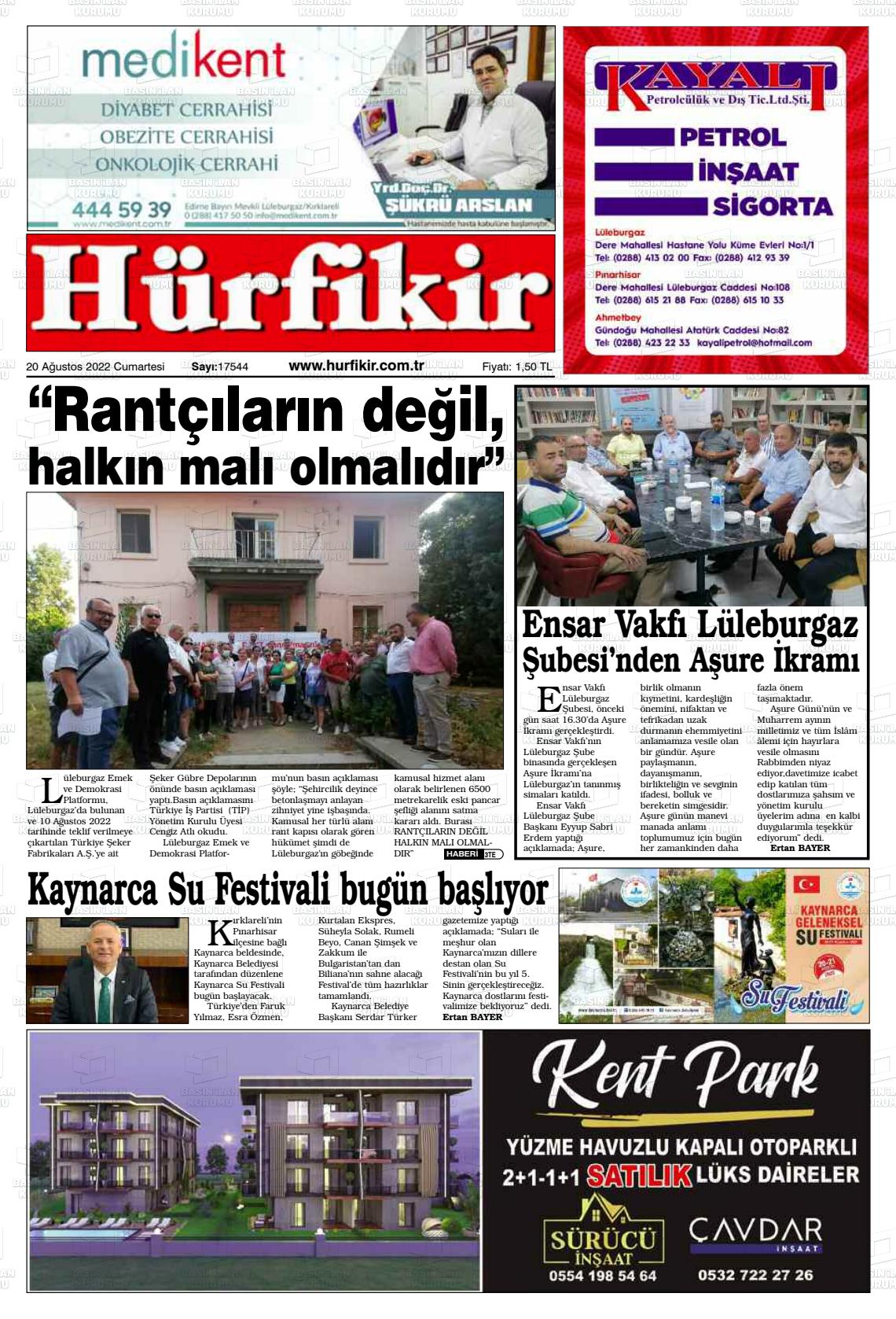 20 Ağustos 2022 Hürfikir Gazete Manşeti