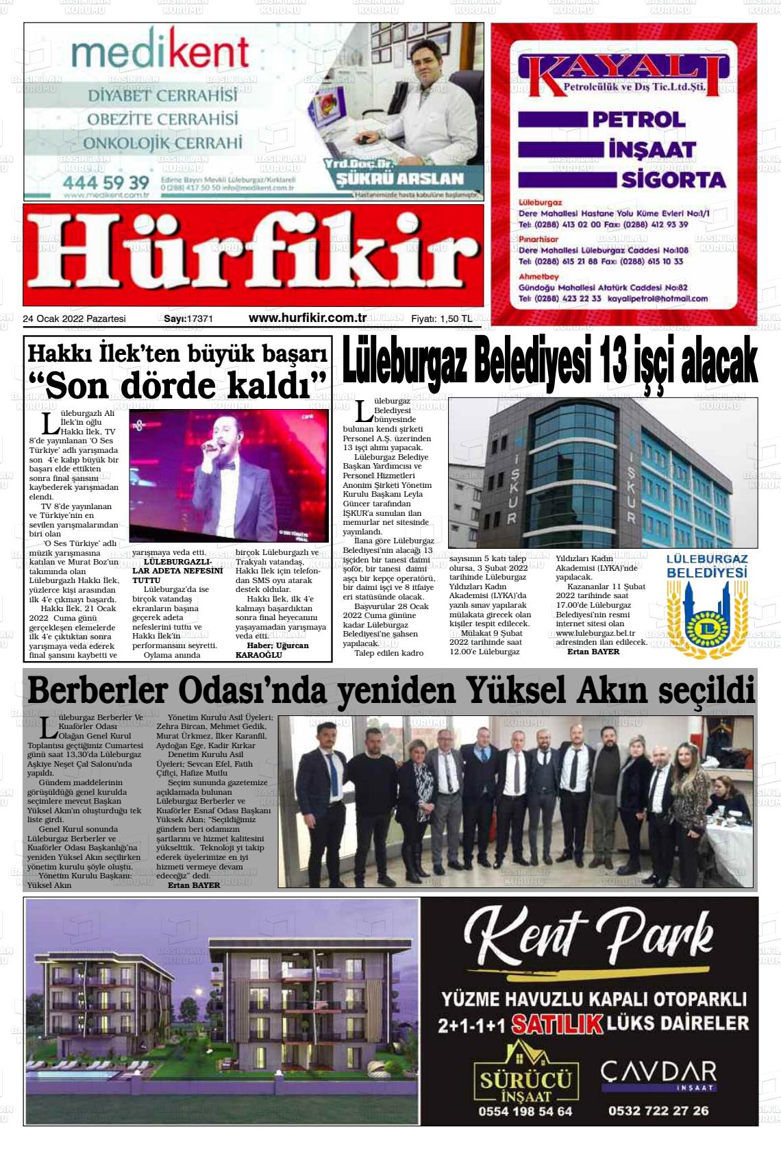 24 Ocak 2022 Hürfikir Gazete Manşeti