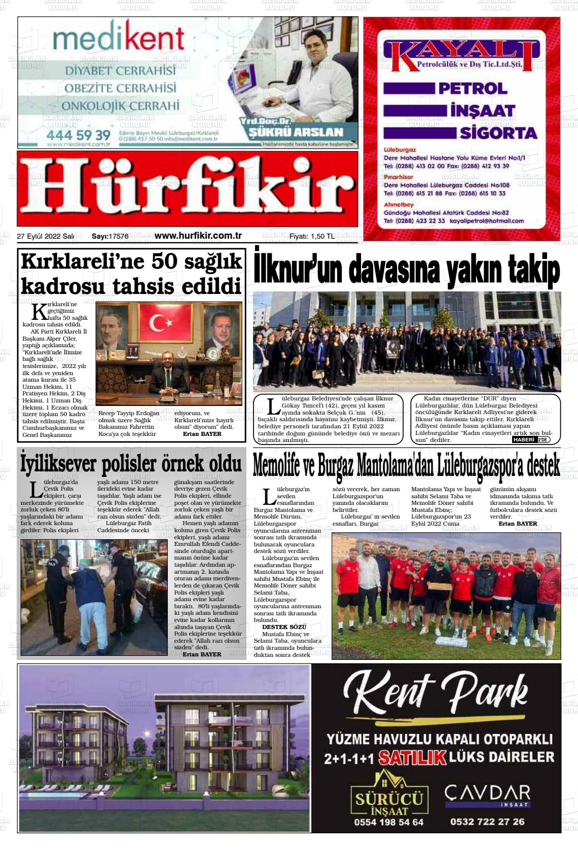 27 Eylül 2022 Hürfikir Gazete Manşeti