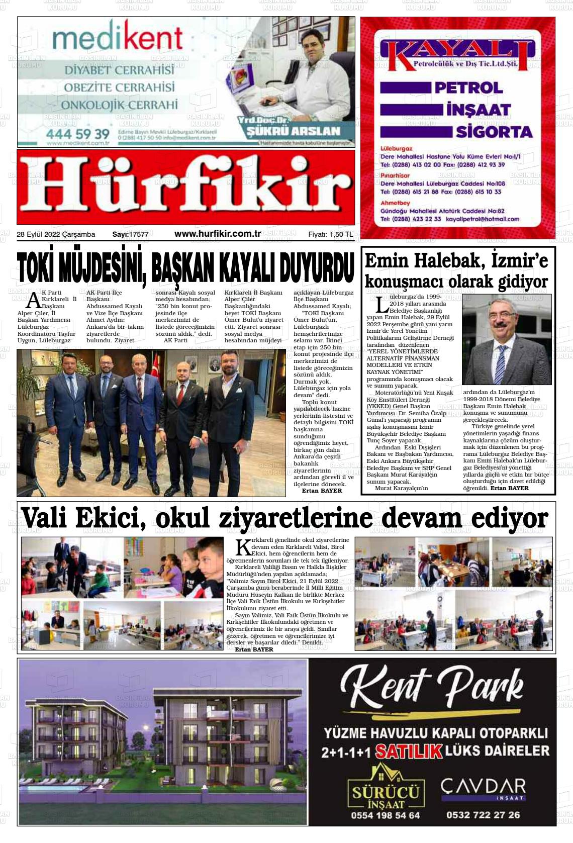 28 Eylül 2022 Hürfikir Gazete Manşeti