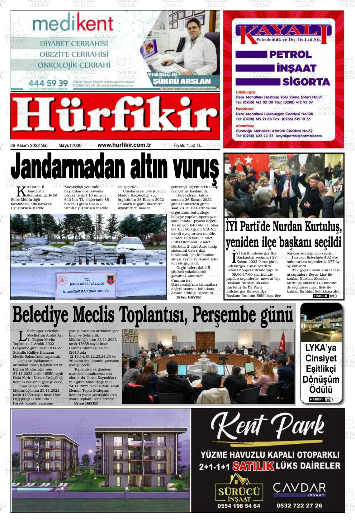 29 Kasım 2022 Hürfikir Gazete Manşeti