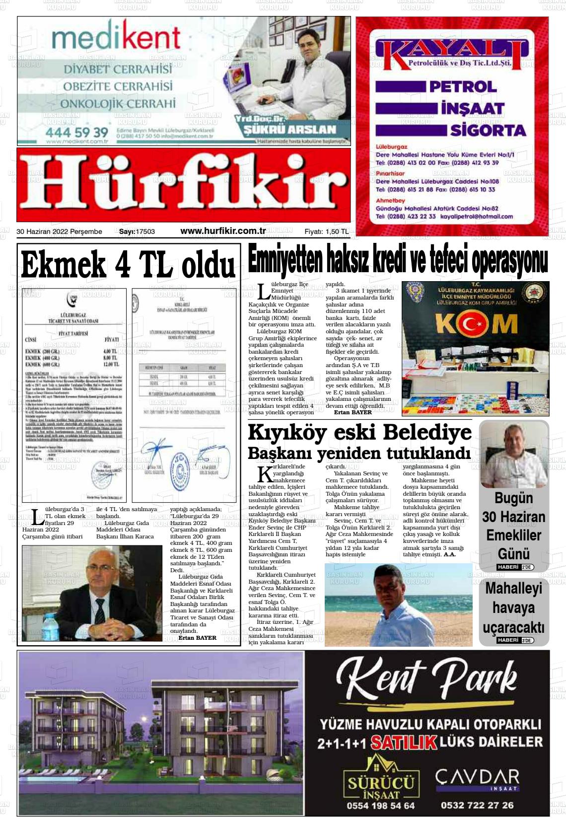 01 Temmuz 2022 Hürfikir Gazete Manşeti