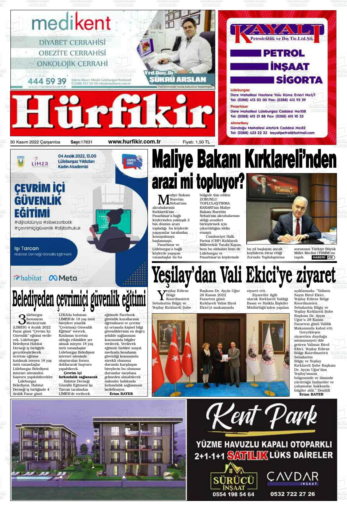 30 Kasım 2022 Hürfikir Gazete Manşeti