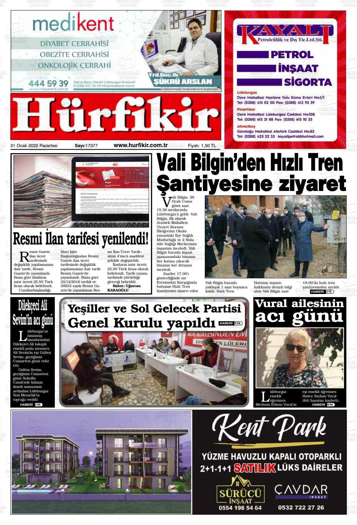 31 Ocak 2022 Hürfikir Gazete Manşeti