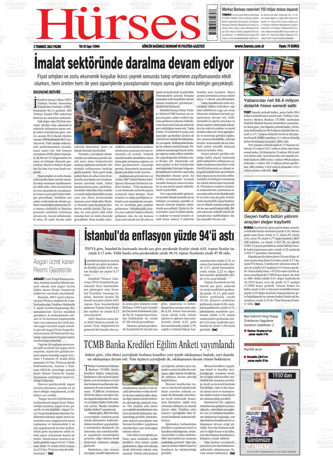 03 Temmuz 2022 İstanbul Hürses gazetesi Gazete Manşeti