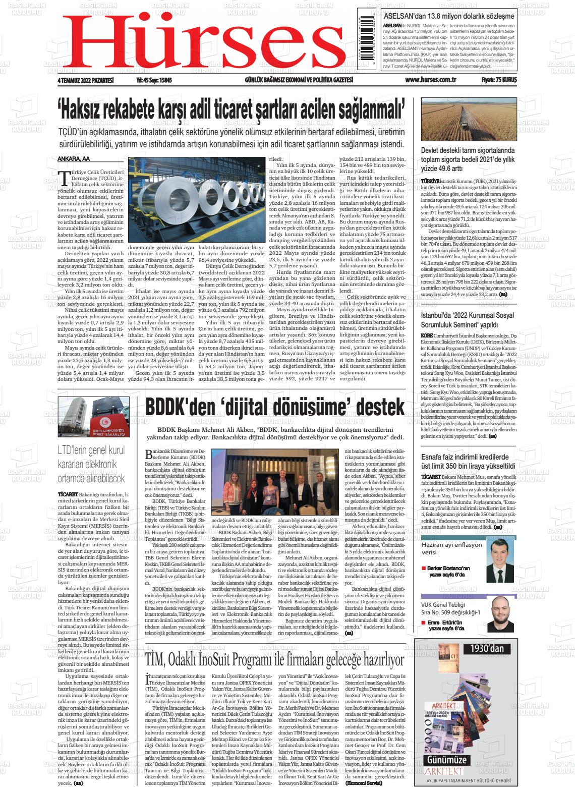 04 Temmuz 2022 İstanbul Hürses gazetesi Gazete Manşeti