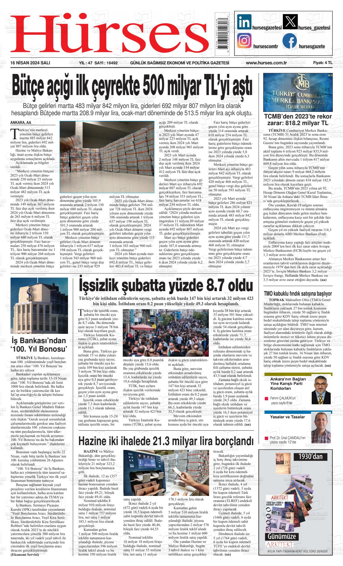 18 Nisan 2024 İstanbul Hürses gazetesi Gazete Manşeti