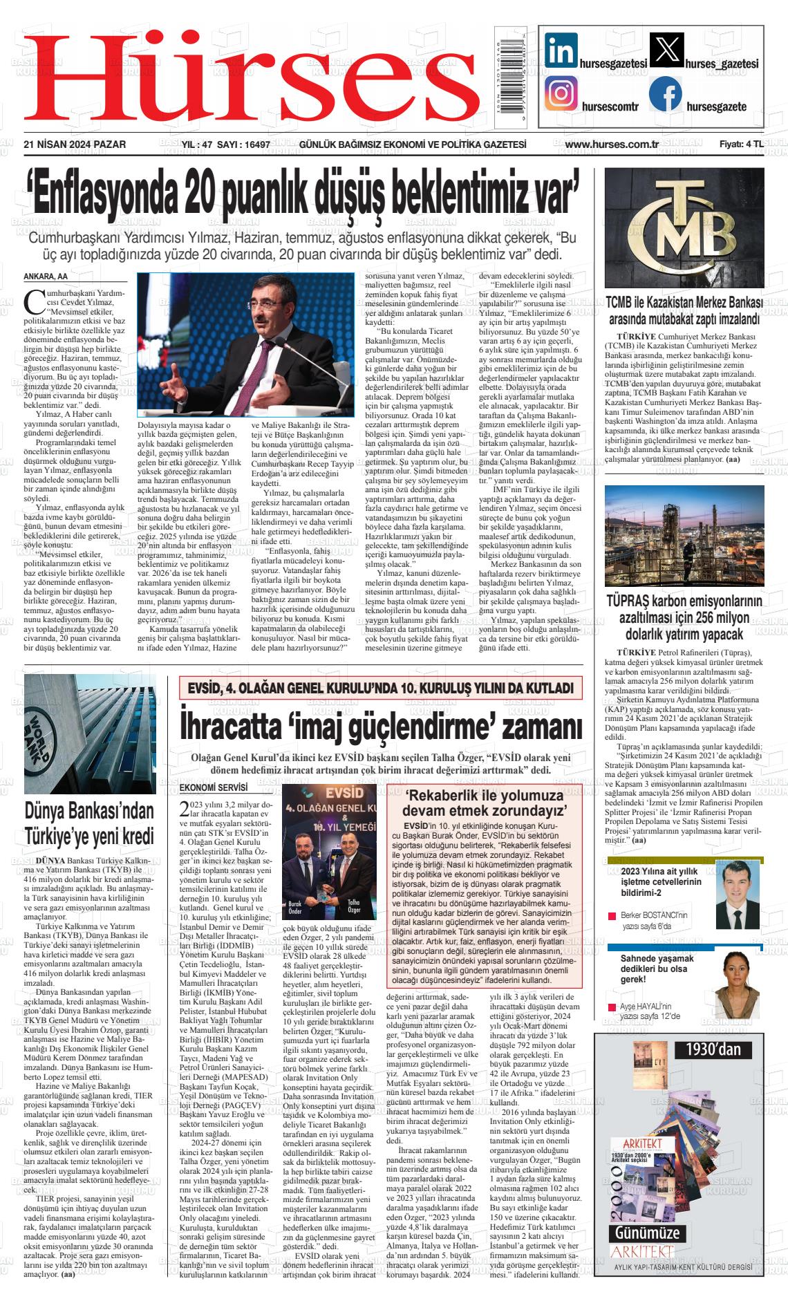 26 Nisan 2024 İstanbul Hürses gazetesi Gazete Manşeti