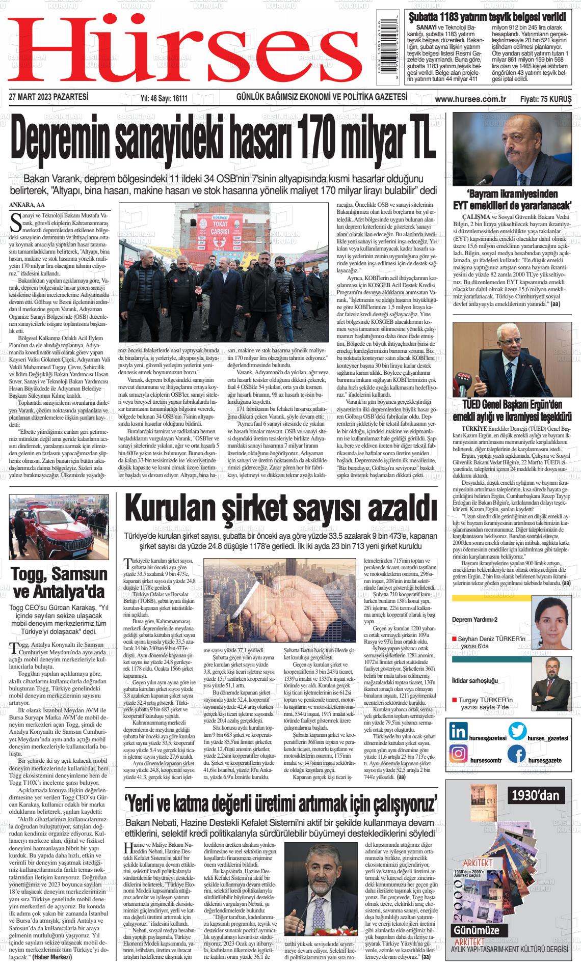 27 Mart 2023 İstanbul Hürses gazetesi Gazete Manşeti