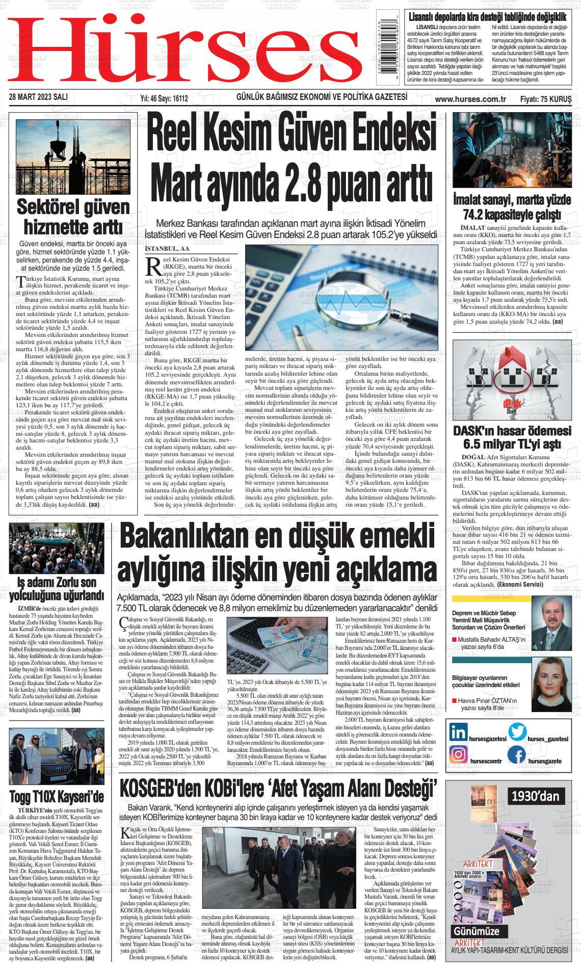 28 Mart 2023 İstanbul Hürses gazetesi Gazete Manşeti