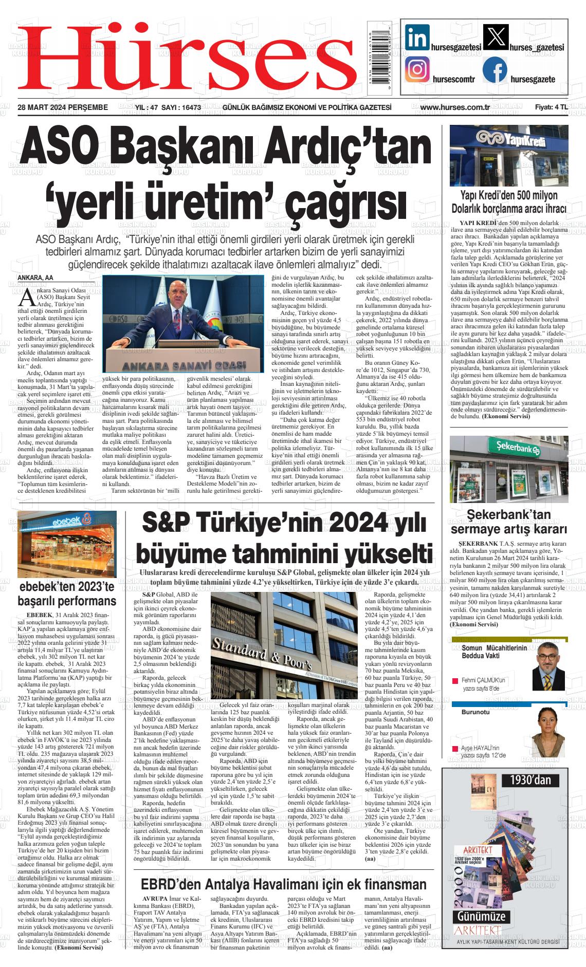 28 Mart 2024 İstanbul Hürses gazetesi Gazete Manşeti