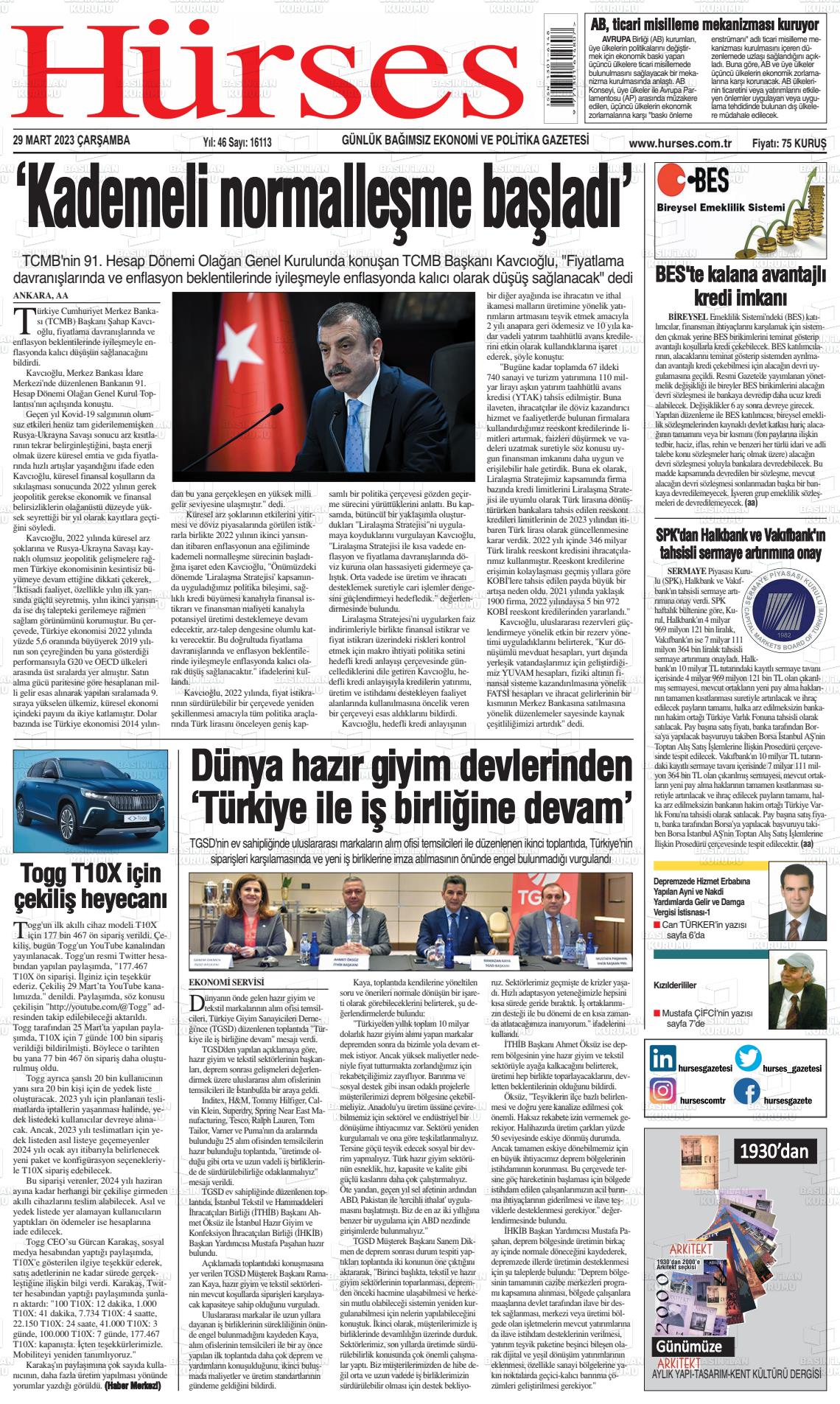 29 Mart 2023 İstanbul Hürses gazetesi Gazete Manşeti