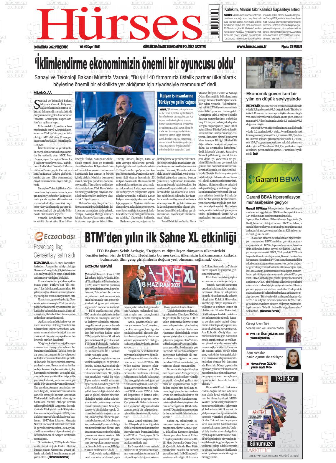 01 Temmuz 2022 İstanbul Hürses gazetesi Gazete Manşeti