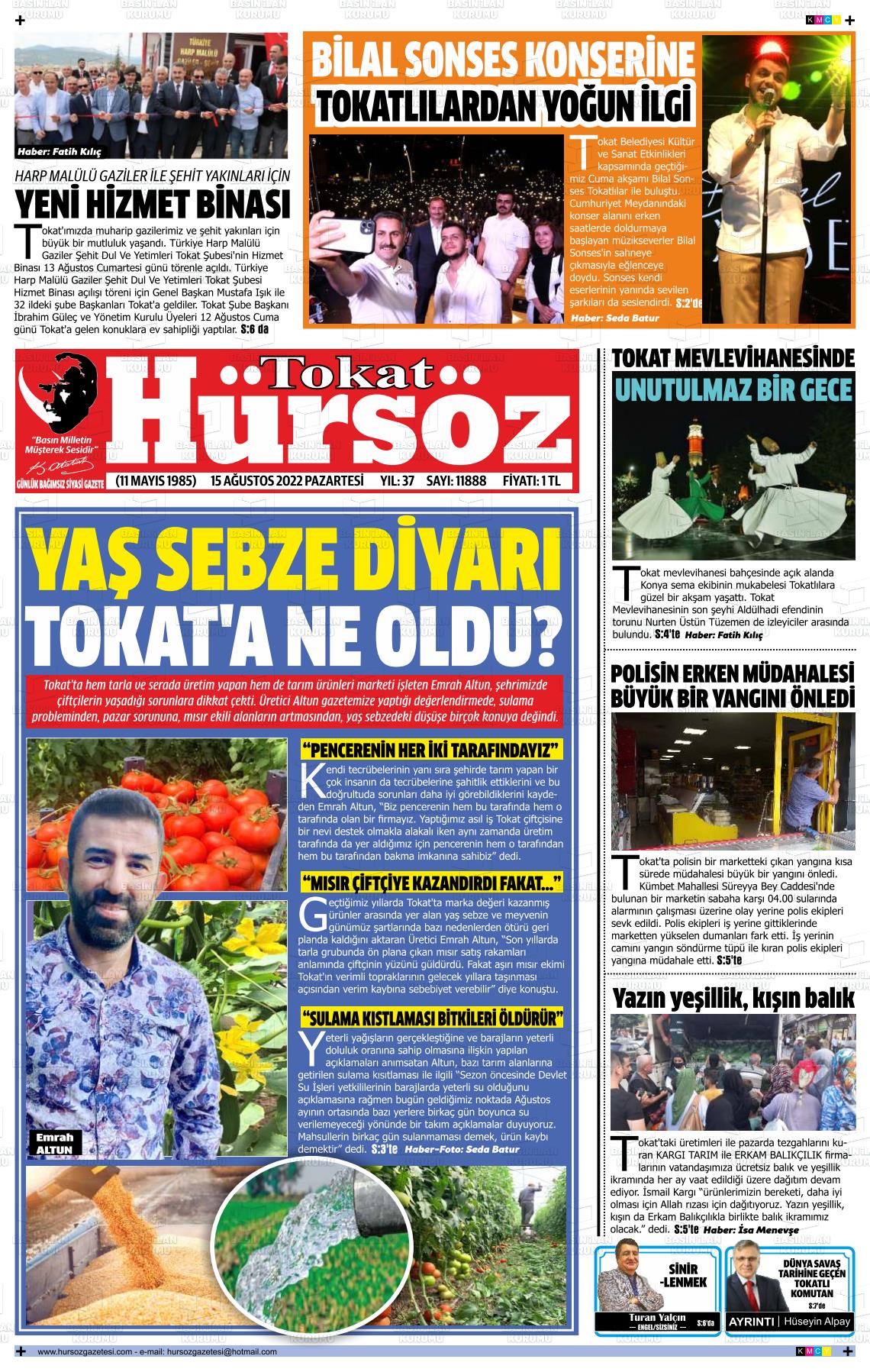 15 Ağustos 2022 Hürsöz Gazete Manşeti