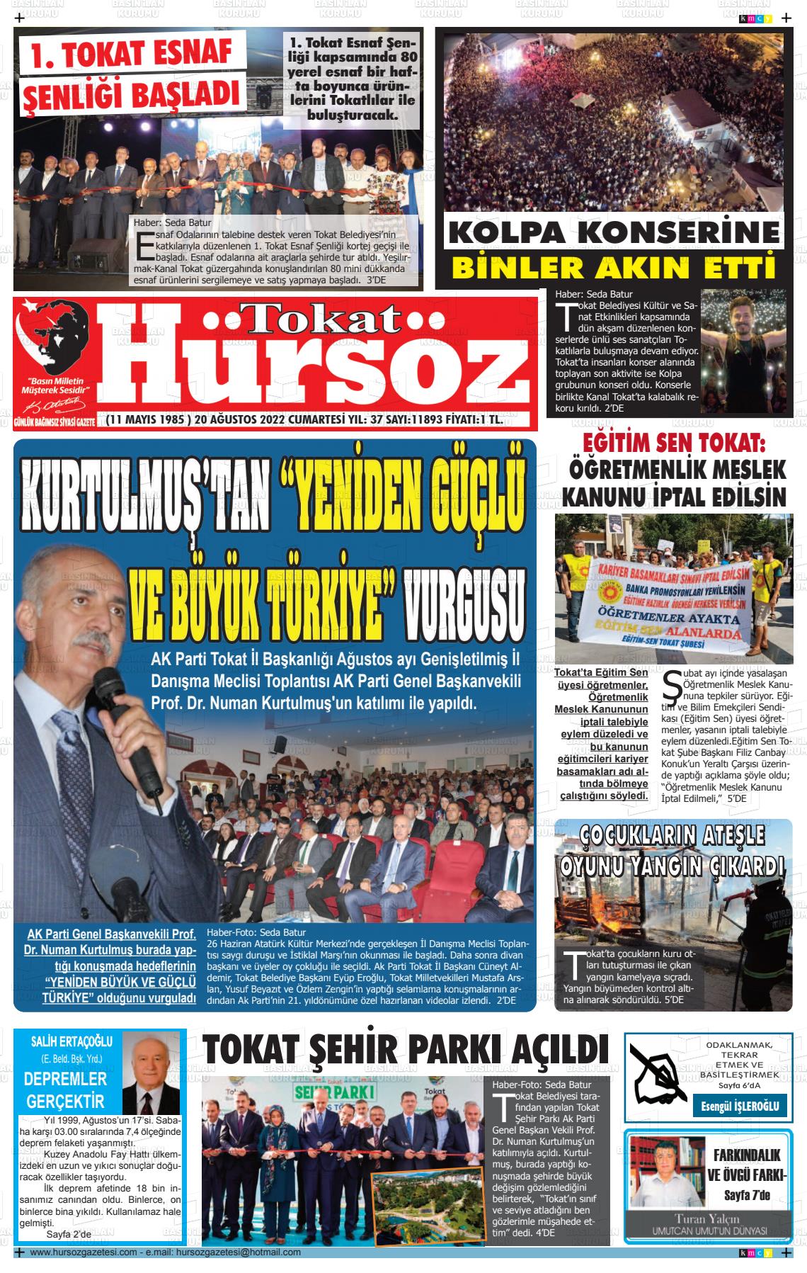 20 Ağustos 2022 Hürsöz Gazete Manşeti