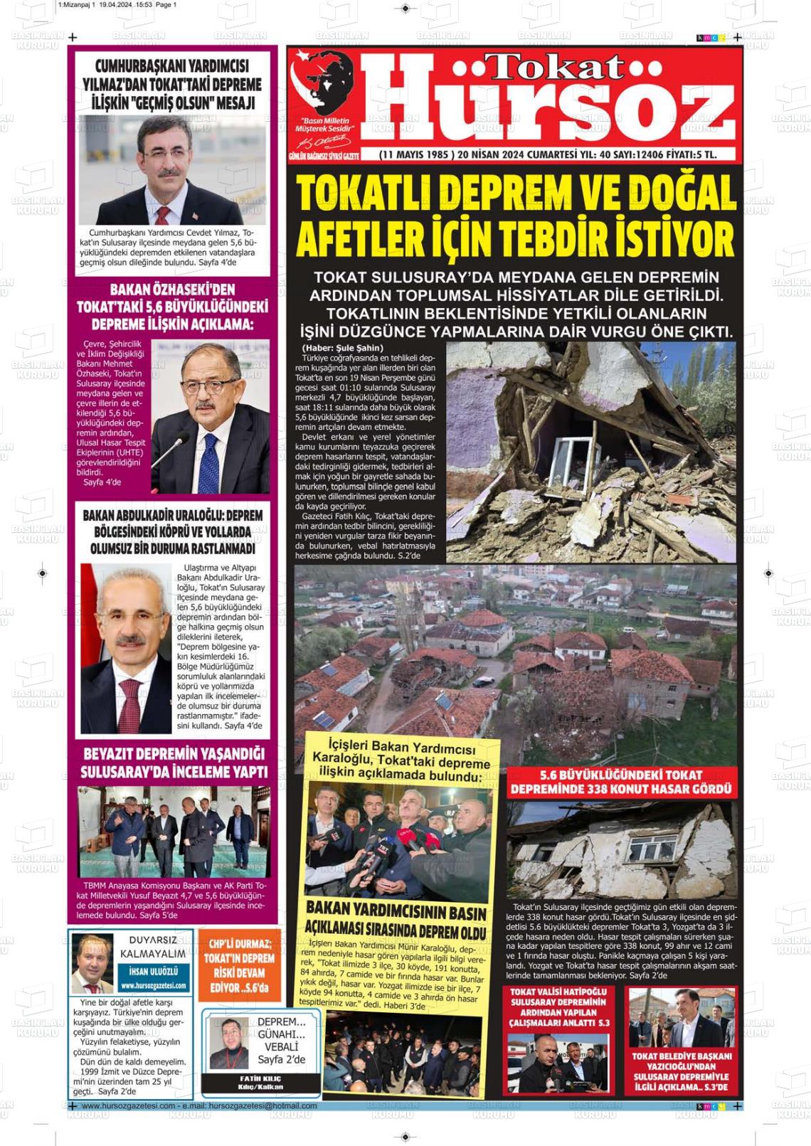 20 Nisan 2024 Hürsöz Gazete Manşeti