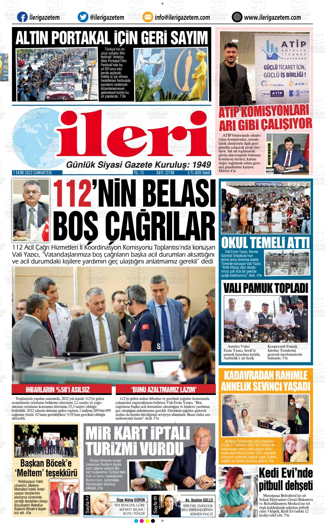01 Ekim 2022 Antalya İleri Gazetem Gazete Manşeti