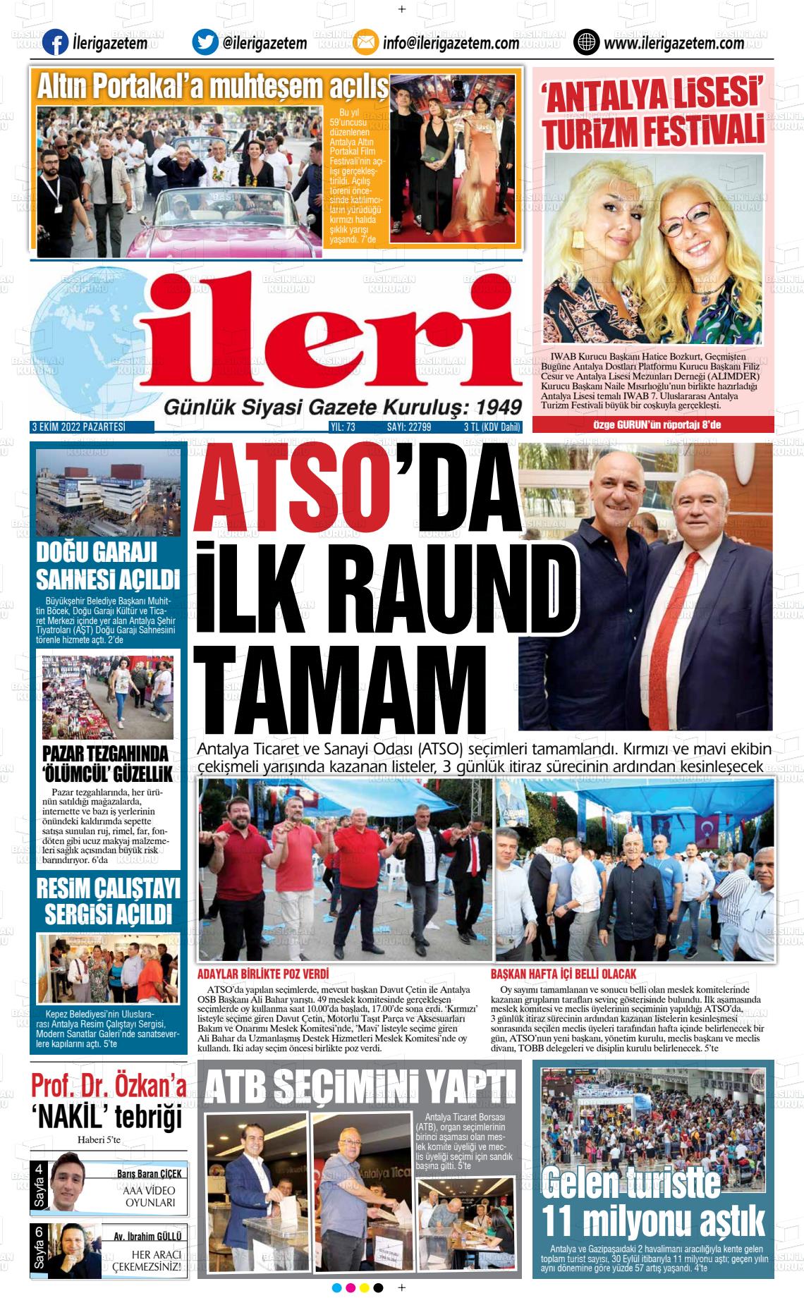 03 Ekim 2022 Antalya İleri Gazetem Gazete Manşeti
