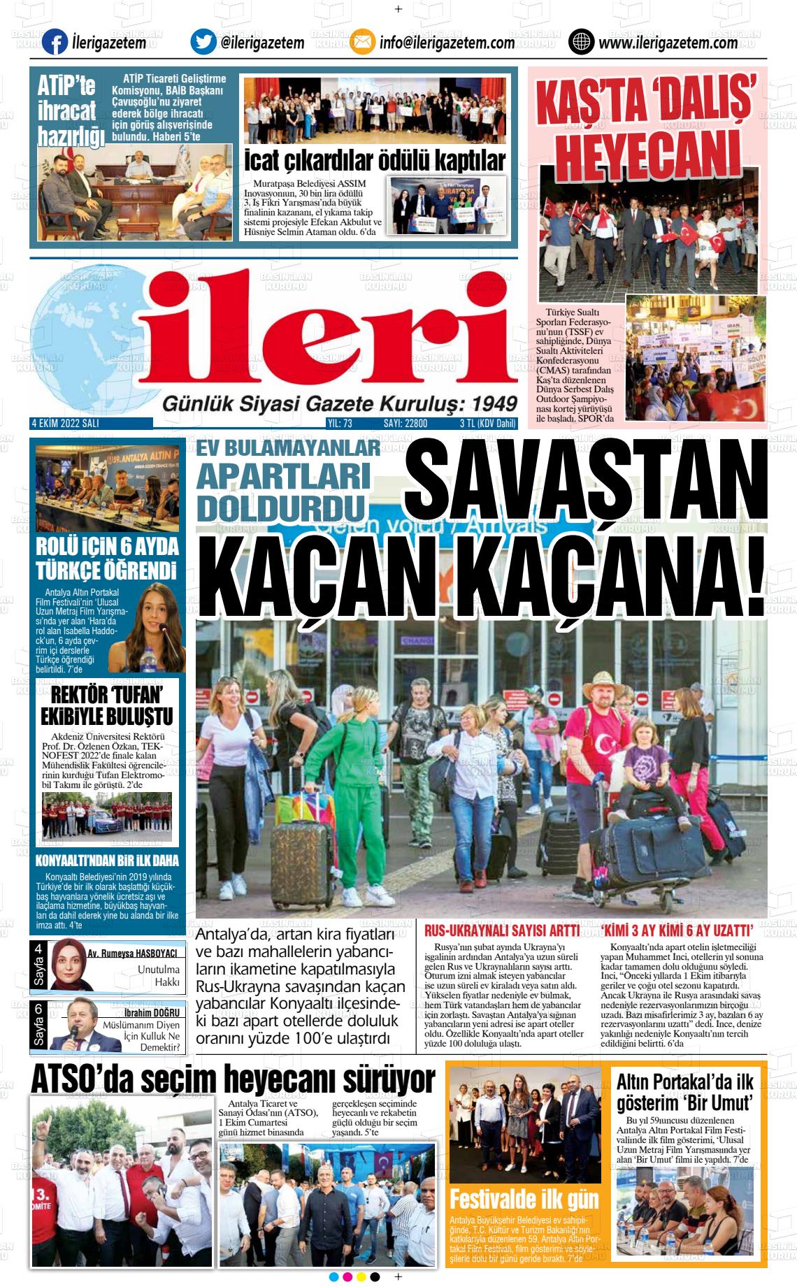 04 Ekim 2022 Antalya İleri Gazetem Gazete Manşeti