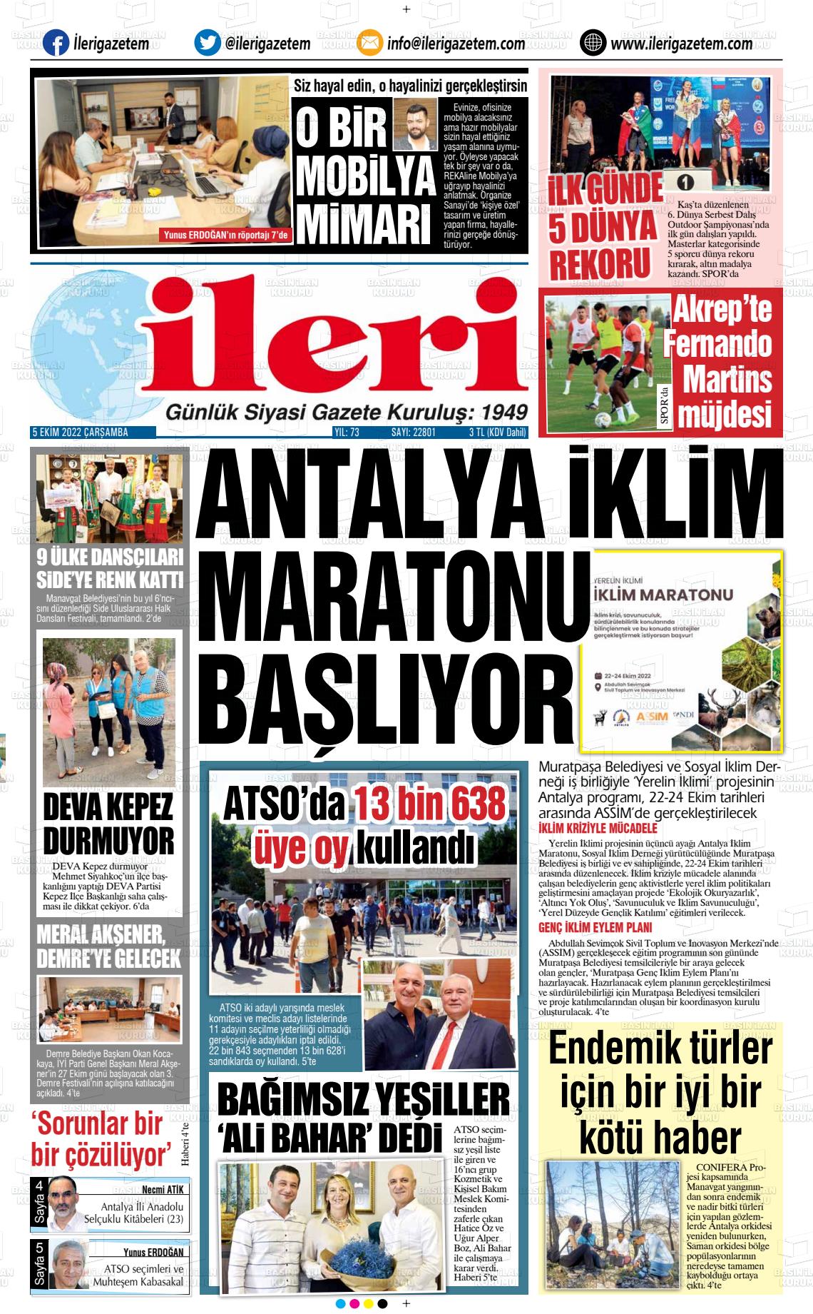 05 Ekim 2022 Antalya İleri Gazetem Gazete Manşeti