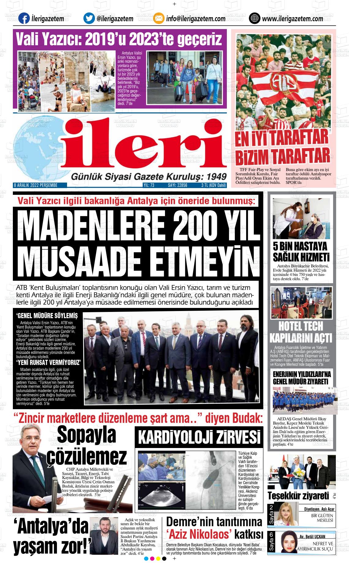 08 Aralık 2022 Antalya İleri Gazetem Gazete Manşeti