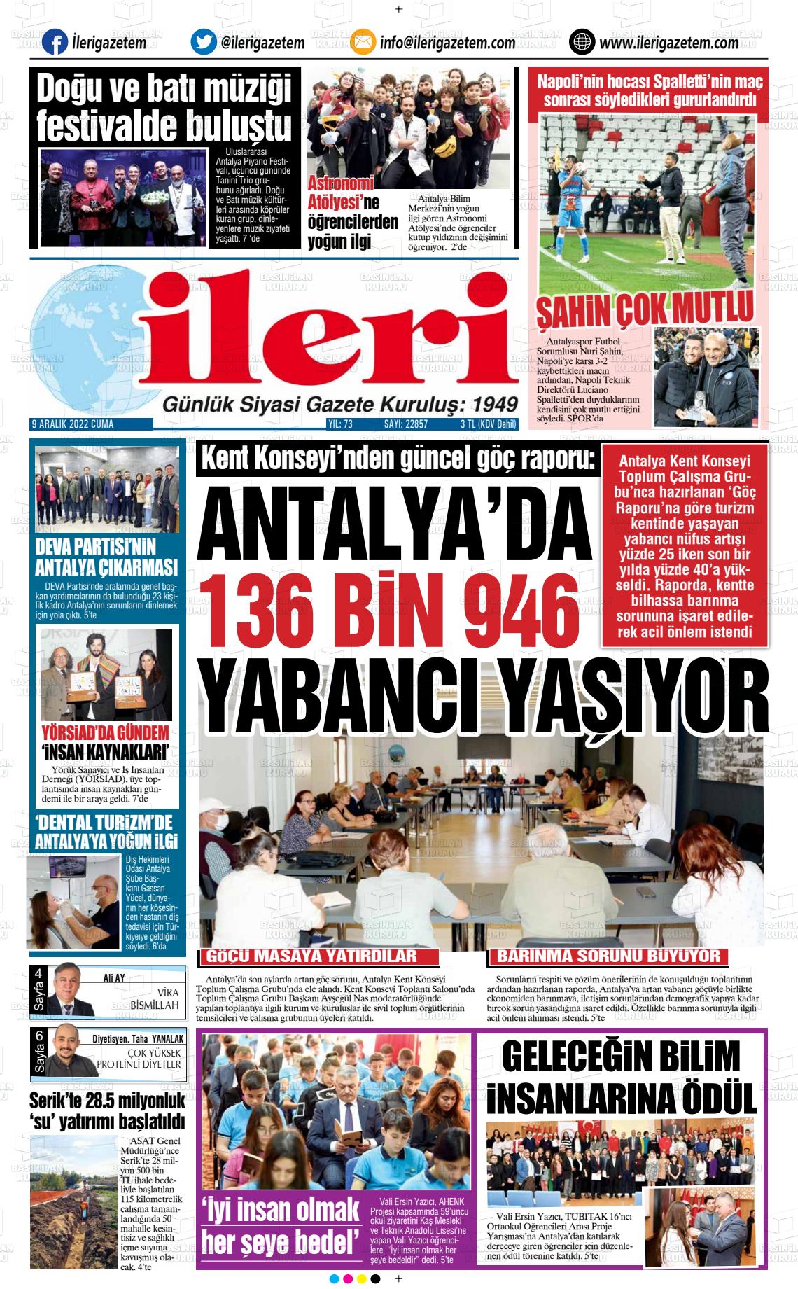 09 Aralık 2022 Antalya İleri Gazetem Gazete Manşeti