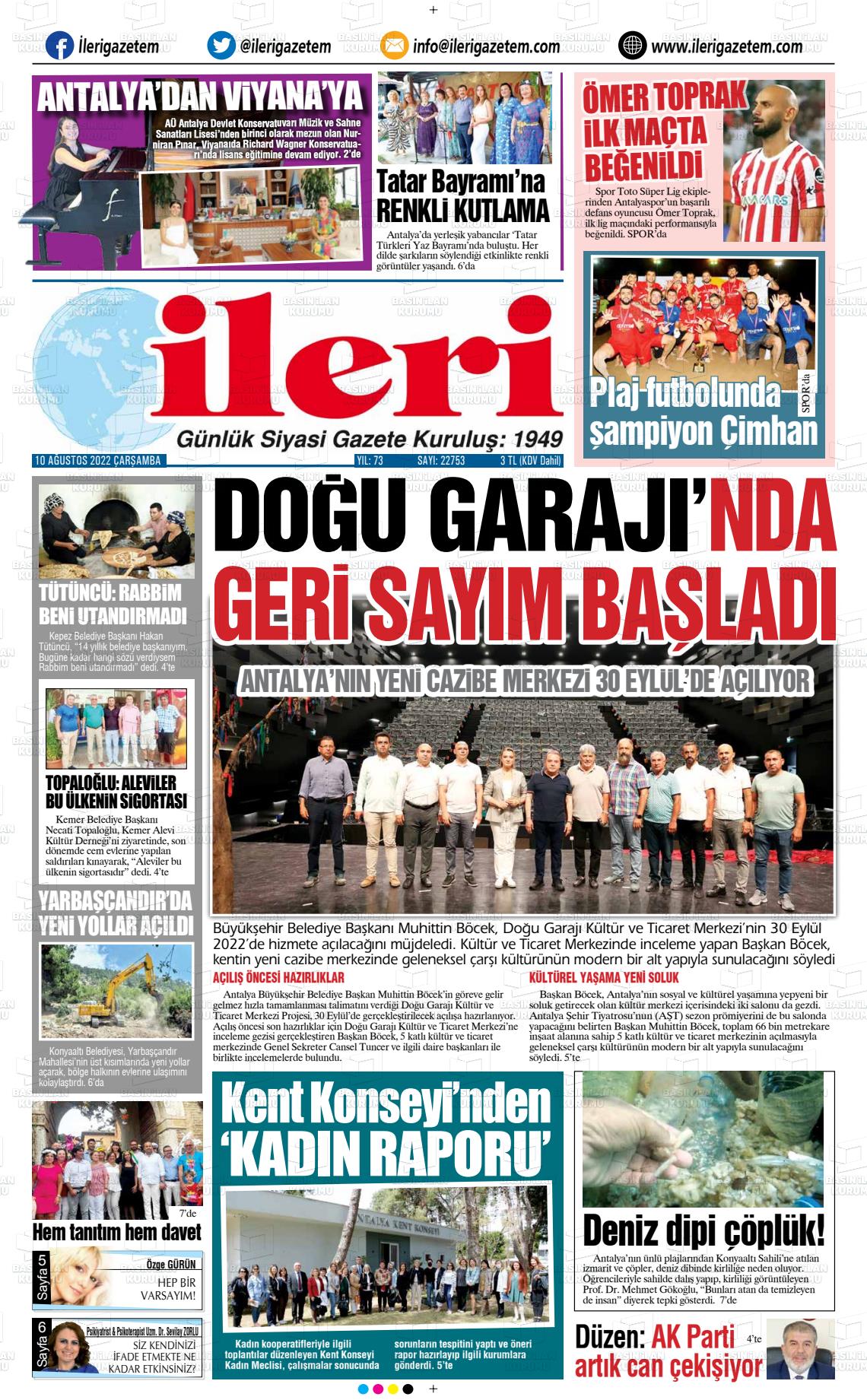 10 Ağustos 2022 Antalya İleri Gazetem Gazete Manşeti