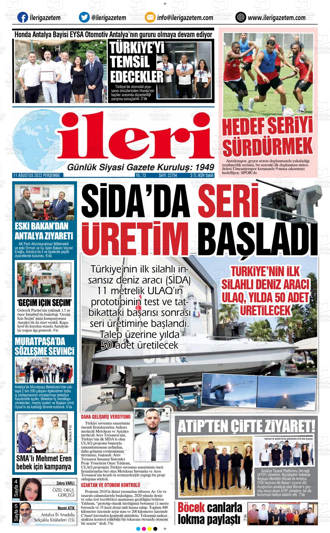 11 Ağustos 2022 Antalya İleri Gazetem Gazete Manşeti