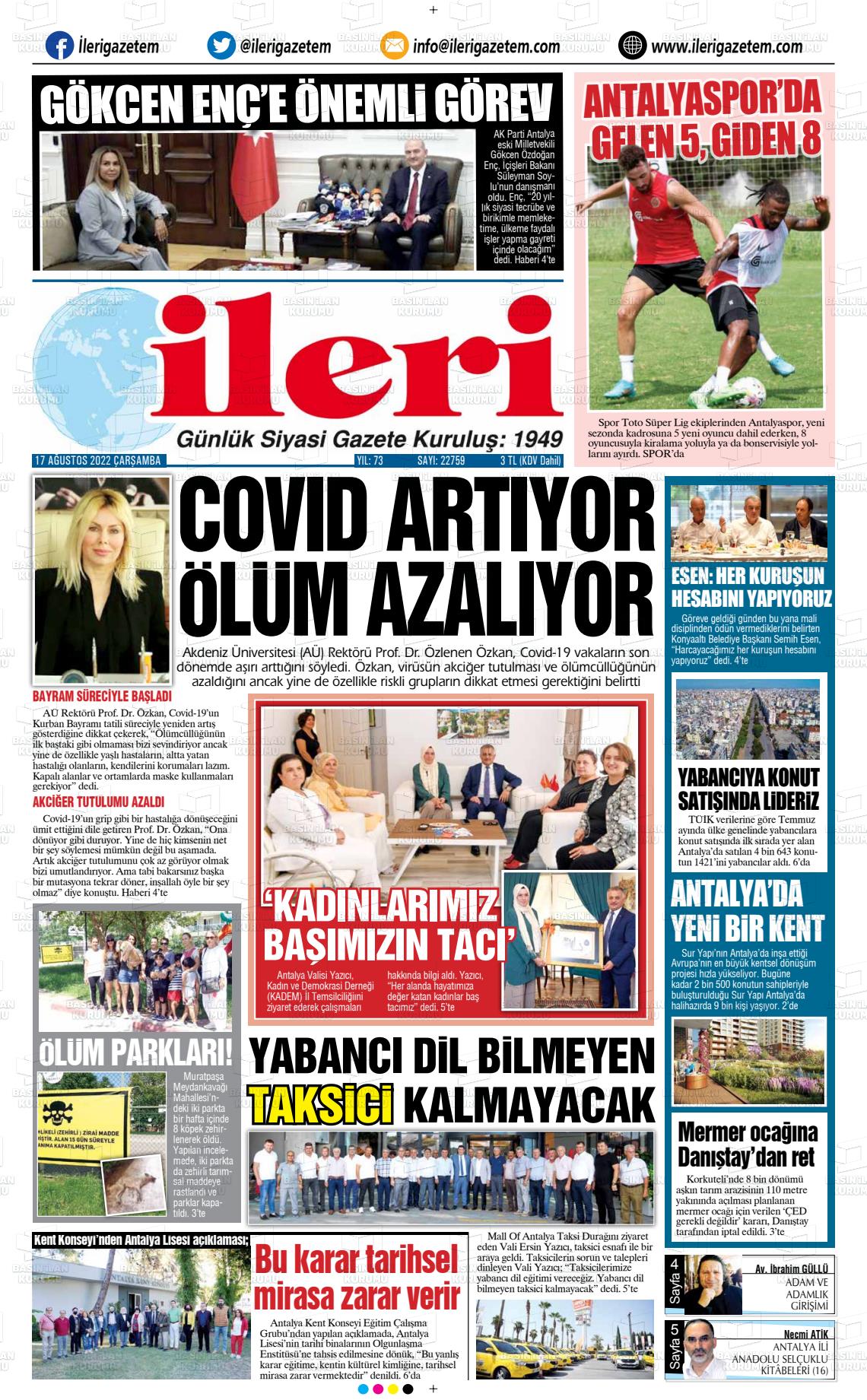 17 Ağustos 2022 Antalya İleri Gazetem Gazete Manşeti