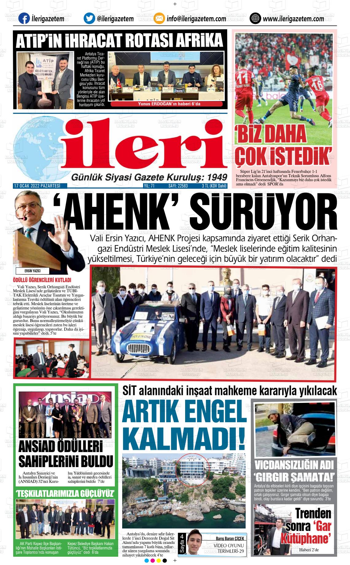 17 Ocak 2022 Antalya İleri Gazetem Gazete Manşeti