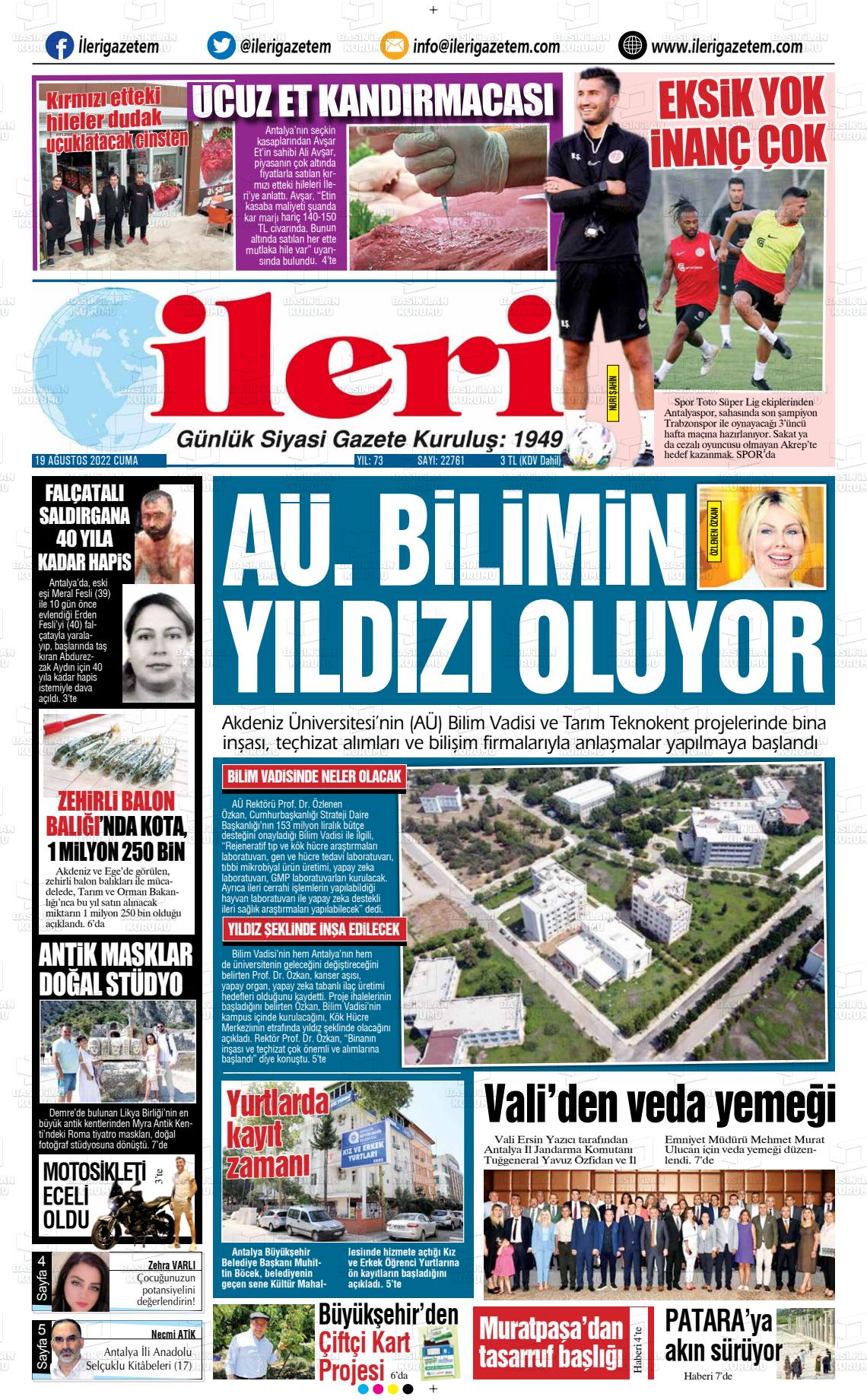19 Ağustos 2022 Antalya İleri Gazetem Gazete Manşeti