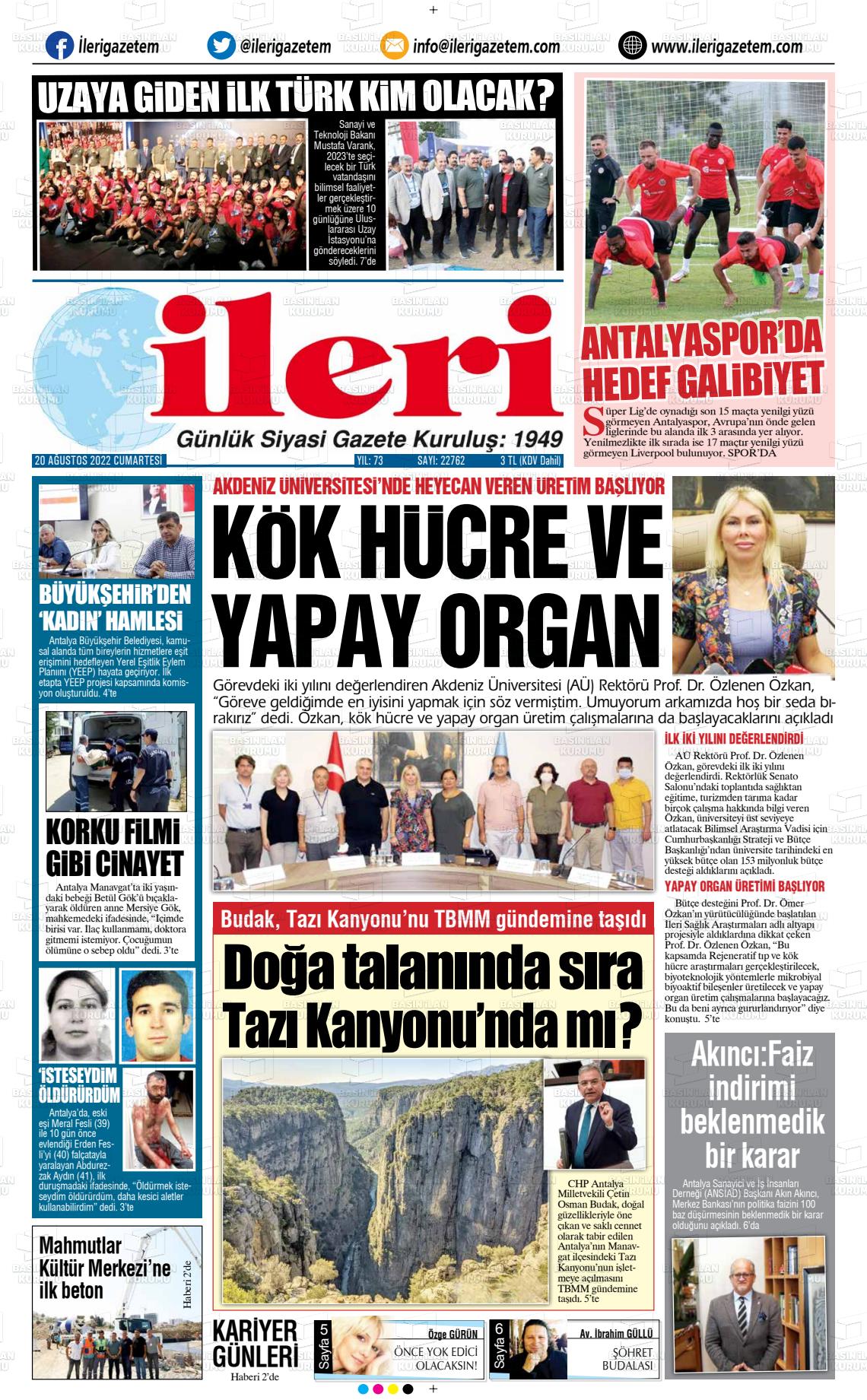 20 Ağustos 2022 Antalya İleri Gazetem Gazete Manşeti