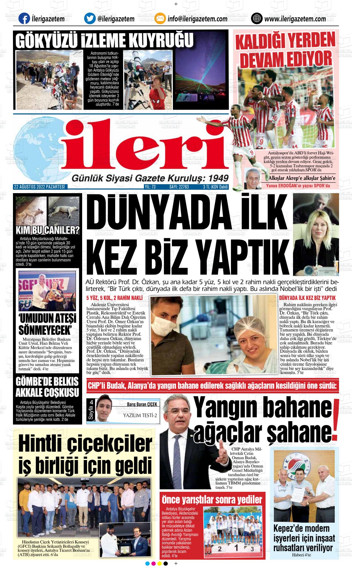 23 Ağustos 2022 Antalya İleri Gazetem Gazete Manşeti