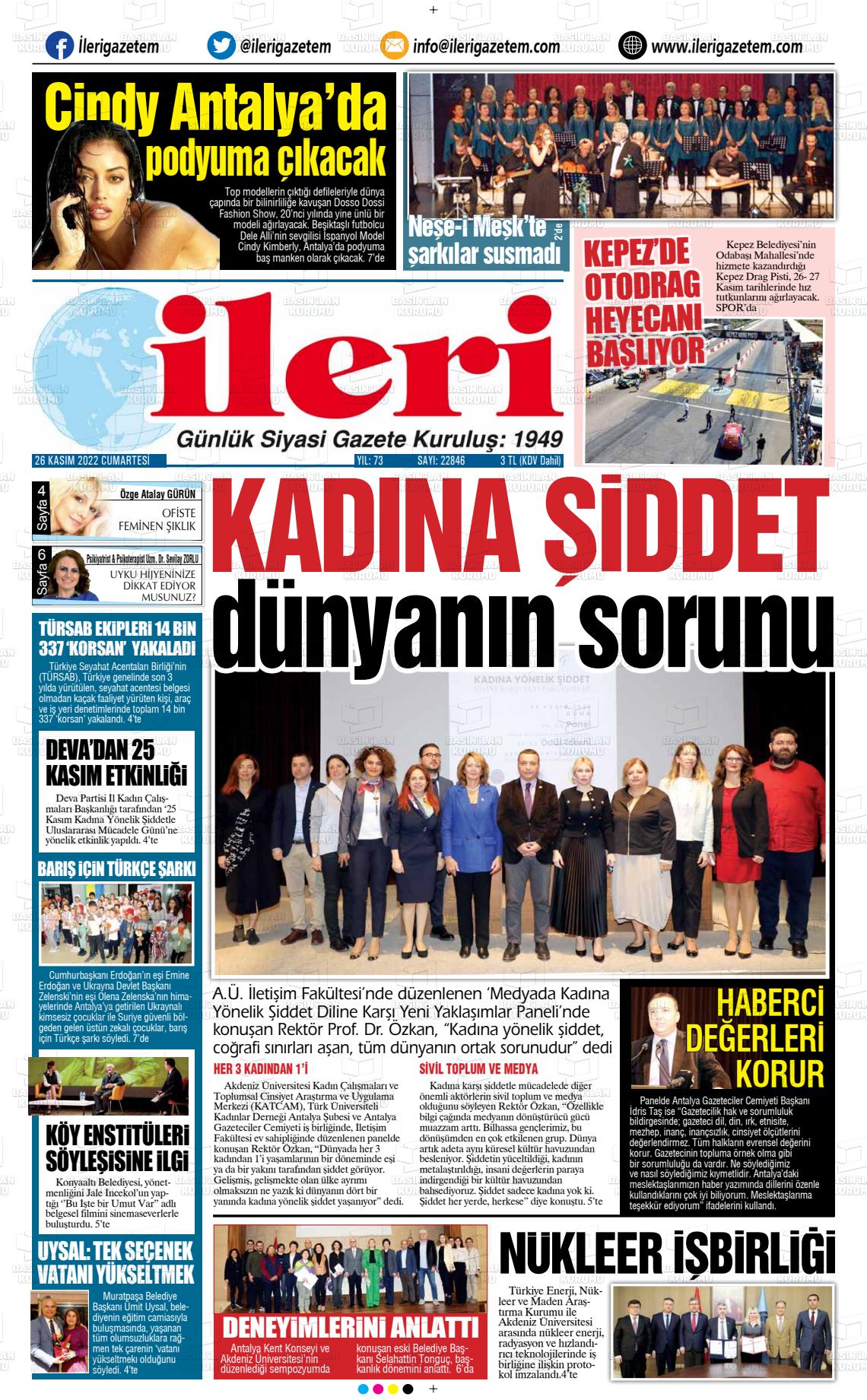 26 Kasım 2022 Antalya İleri Gazetem Gazete Manşeti
