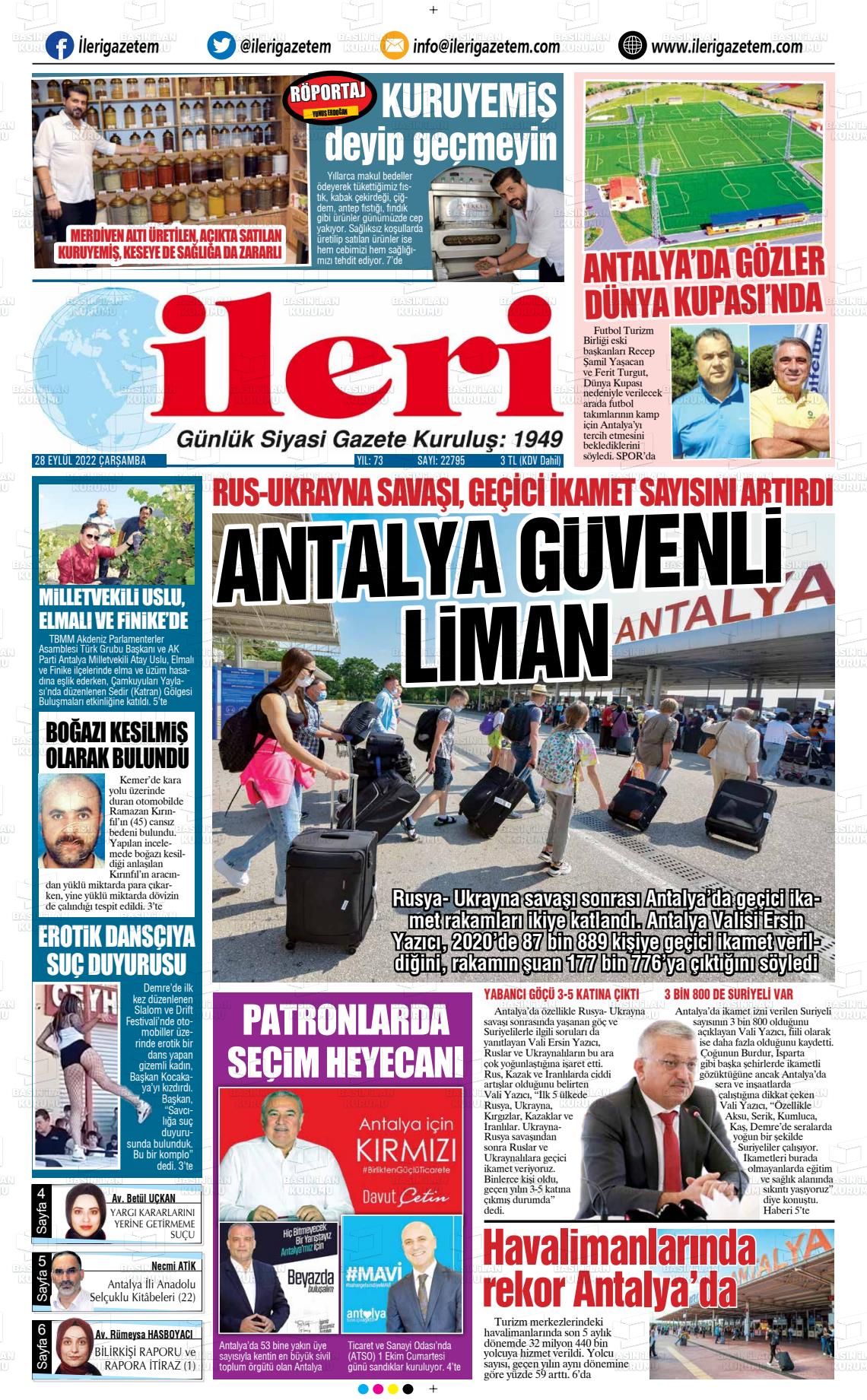 28 Eylül 2022 Antalya İleri Gazetem Gazete Manşeti