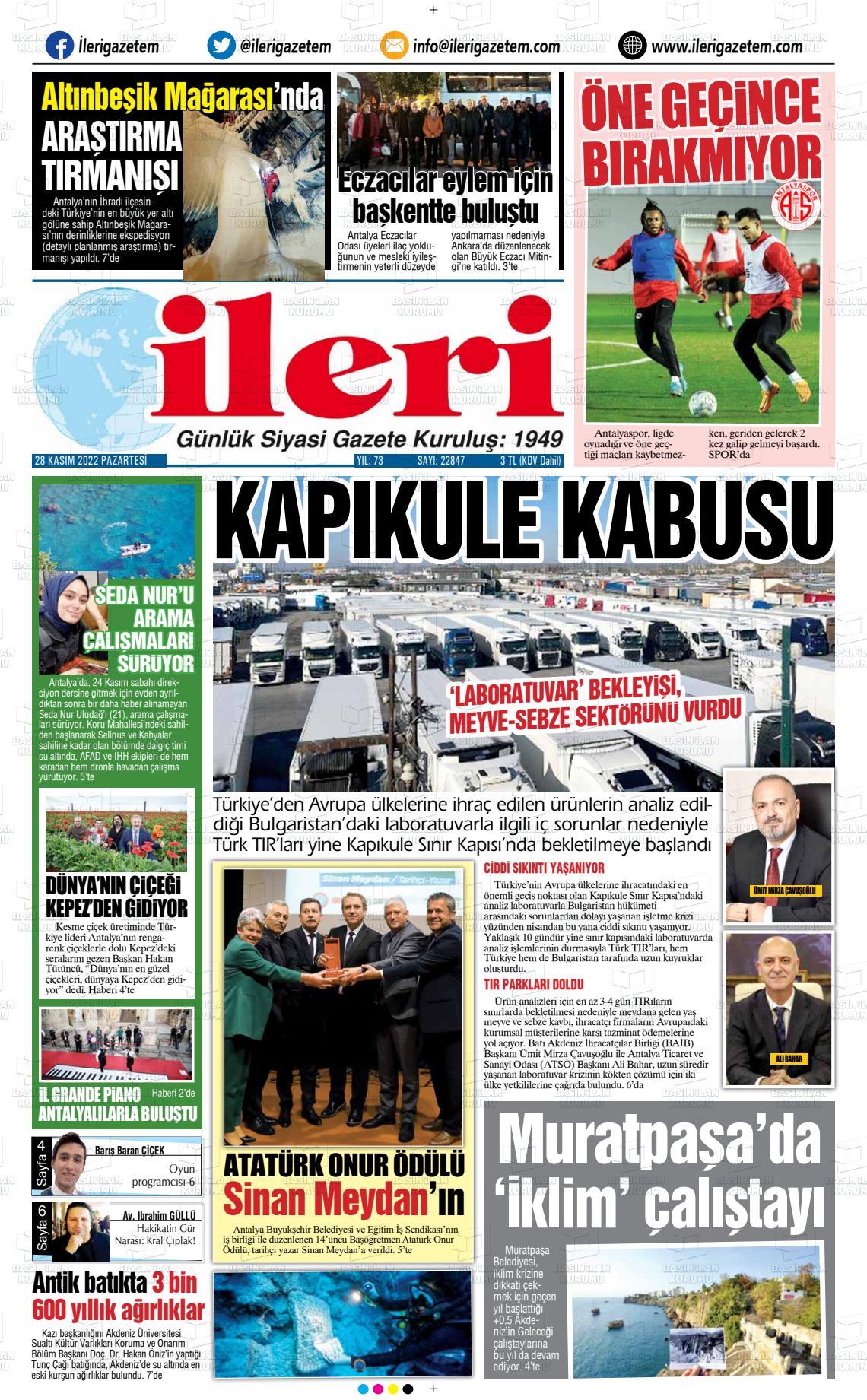 28 Kasım 2022 Antalya İleri Gazetem Gazete Manşeti