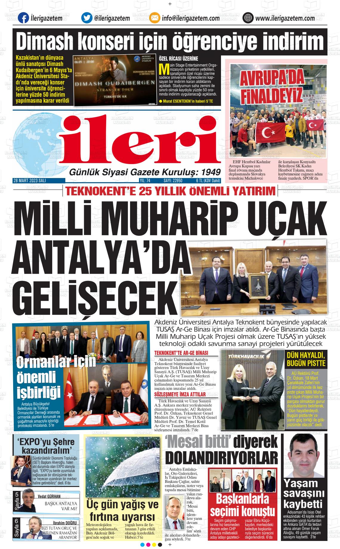 28 Mart 2023 Antalya İleri Gazetem Gazete Manşeti