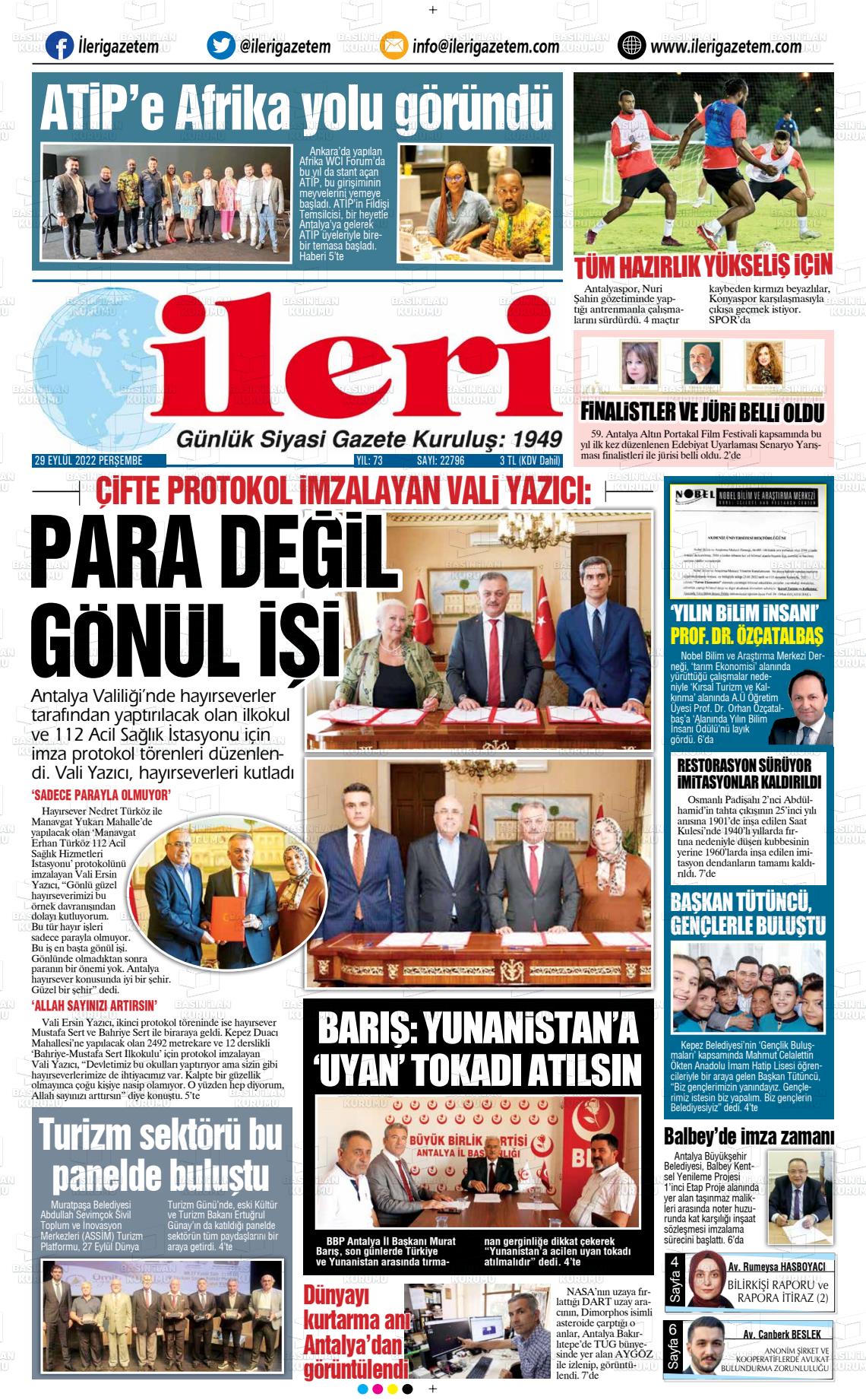 29 Eylül 2022 Antalya İleri Gazetem Gazete Manşeti